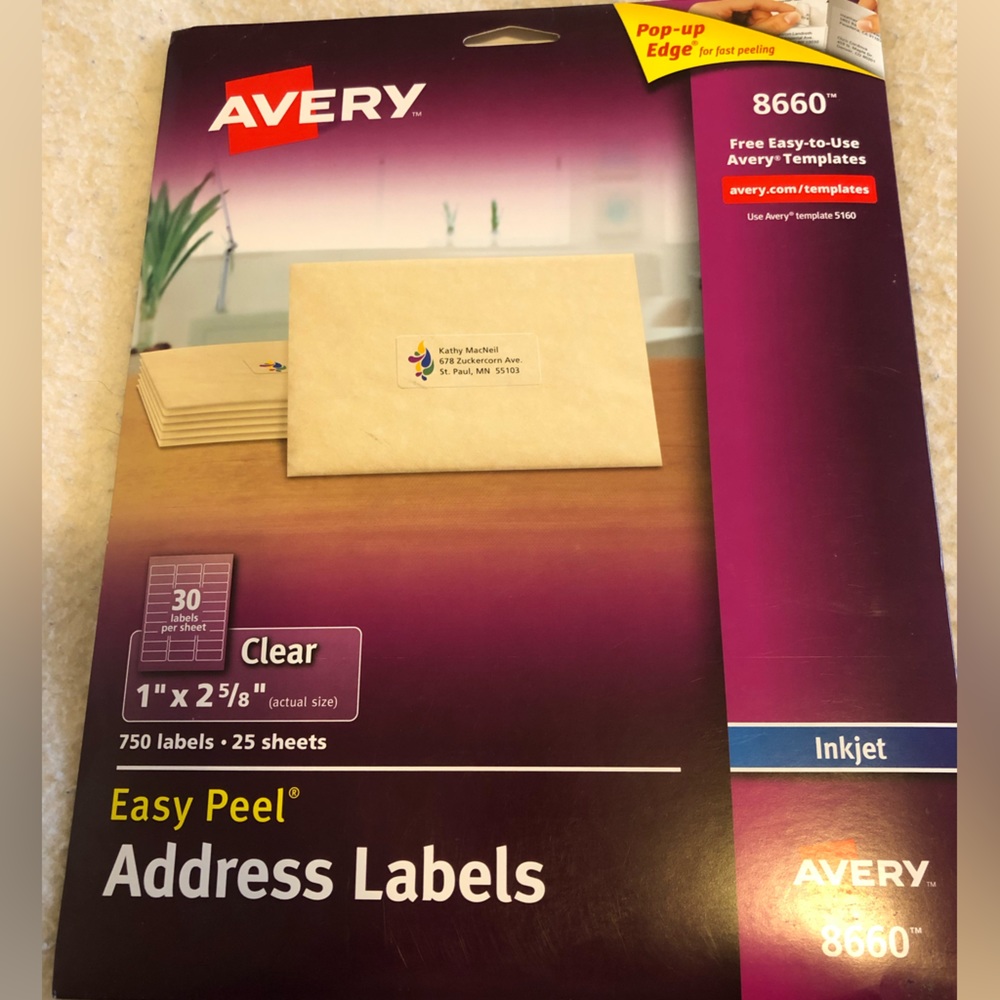 Avery 8660 Easy Peel Address Labels Inkjet 1x2-5/8” Clear Open Box 23of25Sheets